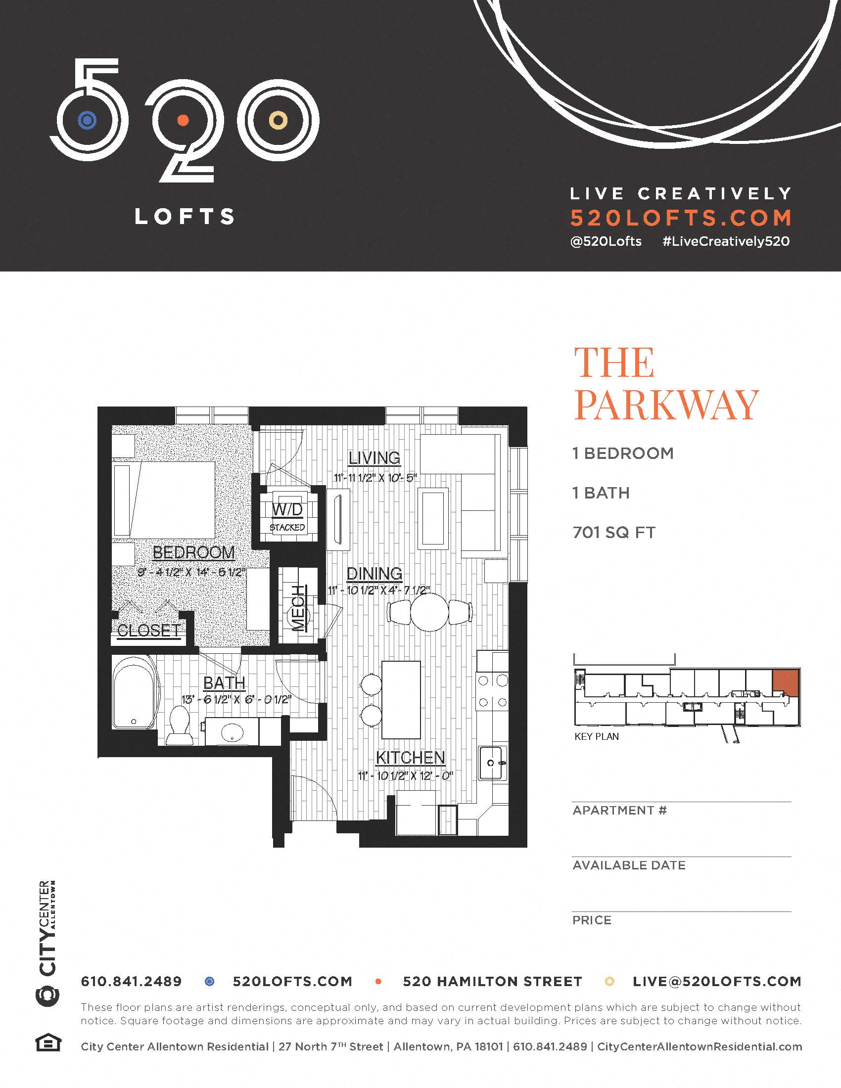 Floor plan for 1 bed, 1 bath, 701 sqft